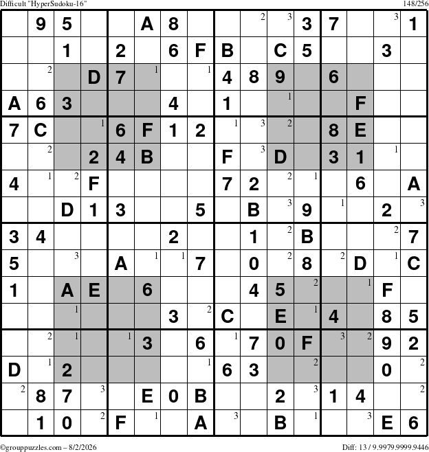 The grouppuzzles.com Difficult HyperSudoku-16 puzzle for Sunday August 2, 2026 with the first 3 steps marked