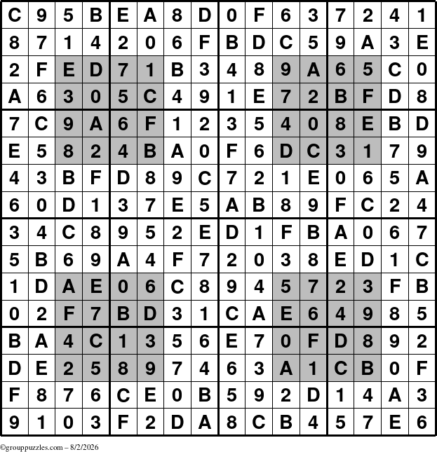 The grouppuzzles.com Answer grid for the HyperSudoku-16 puzzle for Sunday August 2, 2026