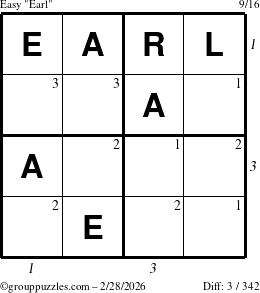 The grouppuzzles.com Easy Earl puzzle for Saturday February 28, 2026, suitable for printing, with all 3 steps marked