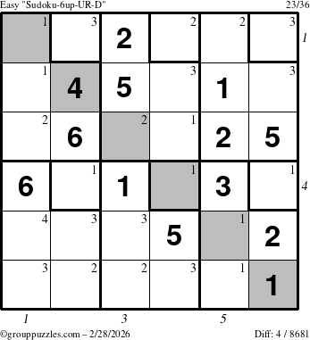 The grouppuzzles.com Easy Sudoku-6up-UR-D puzzle for Saturday February 28, 2026, suitable for printing, with all 4 steps marked