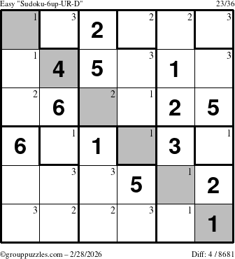 The grouppuzzles.com Easy Sudoku-6up-UR-D puzzle for Saturday February 28, 2026 with the first 3 steps marked