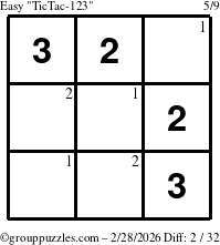 The grouppuzzles.com Easy TicTac-123 puzzle for Saturday February 28, 2026 with the first 2 steps marked