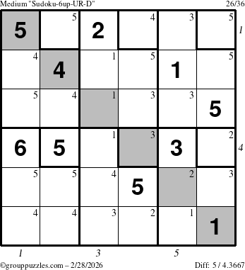 The grouppuzzles.com Medium Sudoku-6up-UR-D puzzle for Saturday February 28, 2026, suitable for printing, with all 5 steps marked