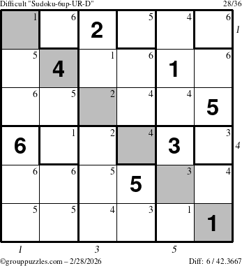 The grouppuzzles.com Difficult Sudoku-6up-UR-D puzzle for Saturday February 28, 2026, suitable for printing, with all 6 steps marked