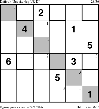 The grouppuzzles.com Difficult Sudoku-6up-UR-D puzzle for Saturday February 28, 2026 with the first 3 steps marked