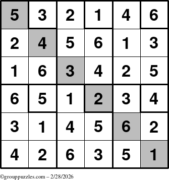 The grouppuzzles.com Answer grid for the Sudoku-6up-UR-D puzzle for Saturday February 28, 2026