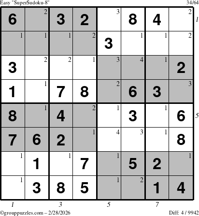 The grouppuzzles.com Easy SuperSudoku-8 puzzle for Saturday February 28, 2026, suitable for printing, with all 4 steps marked