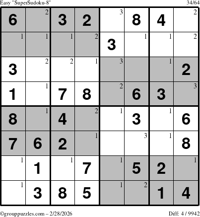 The grouppuzzles.com Easy SuperSudoku-8 puzzle for Saturday February 28, 2026 with the first 3 steps marked
