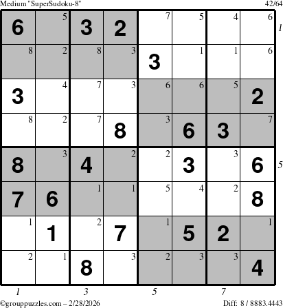 The grouppuzzles.com Medium SuperSudoku-8 puzzle for Saturday February 28, 2026, suitable for printing, with all 8 steps marked