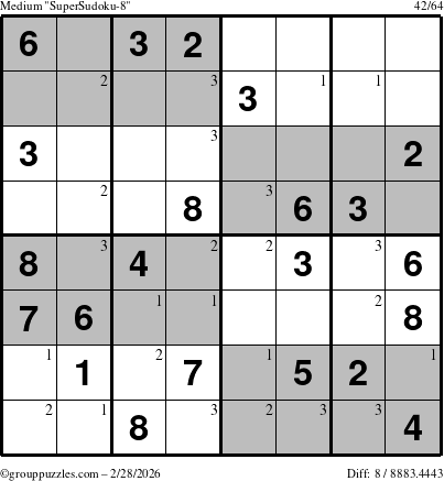 The grouppuzzles.com Medium SuperSudoku-8 puzzle for Saturday February 28, 2026 with the first 3 steps marked