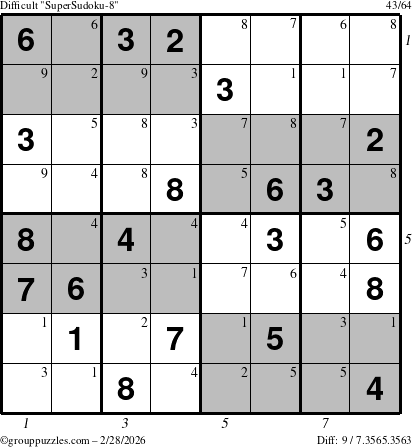 The grouppuzzles.com Difficult SuperSudoku-8 puzzle for Saturday February 28, 2026, suitable for printing, with all 9 steps marked