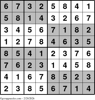 The grouppuzzles.com Answer grid for the SuperSudoku-8 puzzle for Saturday February 28, 2026