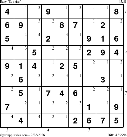 The grouppuzzles.com Easy Sudoku puzzle for Saturday February 28, 2026 with all 4 steps marked