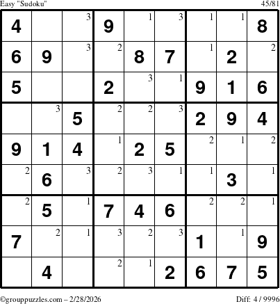 The grouppuzzles.com Easy Sudoku puzzle for Saturday February 28, 2026 with the first 3 steps marked