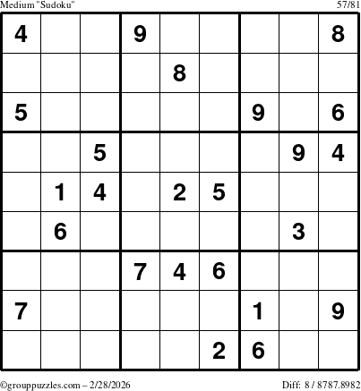 The grouppuzzles.com Medium Sudoku puzzle for Saturday February 28, 2026