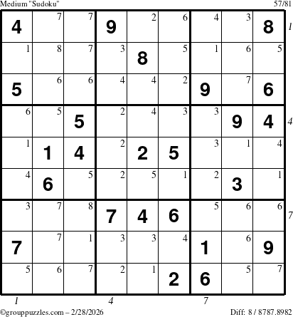 The grouppuzzles.com Medium Sudoku puzzle for Saturday February 28, 2026 with all 8 steps marked