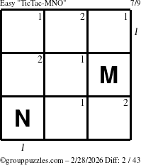 The grouppuzzles.com Easy TicTac-MNO puzzle for Saturday February 28, 2026 with all 2 steps marked