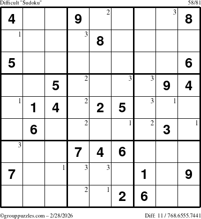 The grouppuzzles.com Difficult Sudoku puzzle for Saturday February 28, 2026 with the first 3 steps marked