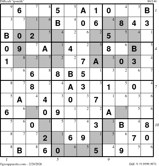 The grouppuzzles.com Difficult tpsmith puzzle for Saturday February 28, 2026, suitable for printing, with all 9 steps marked