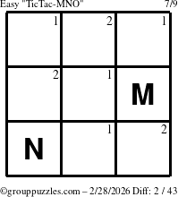 The grouppuzzles.com Easy TicTac-MNO puzzle for Saturday February 28, 2026 with the first 2 steps marked
