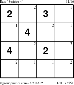 The grouppuzzles.com Easy Sudoku-4 puzzle for Sunday August 31, 2025 with the first 3 steps marked