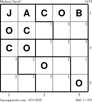 The grouppuzzles.com Medium Jacob puzzle for Sunday August 31, 2025 with all 3 steps marked