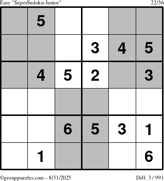 The grouppuzzles.com Easy SuperSudoku-Junior puzzle for Sunday August 31, 2025