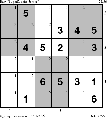 The grouppuzzles.com Easy SuperSudoku-Junior puzzle for Sunday August 31, 2025 with all 3 steps marked