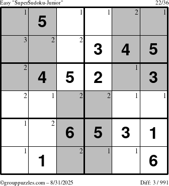The grouppuzzles.com Easy SuperSudoku-Junior puzzle for Sunday August 31, 2025 with the first 3 steps marked