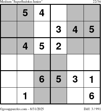 The grouppuzzles.com Medium SuperSudoku-Junior puzzle for Sunday August 31, 2025