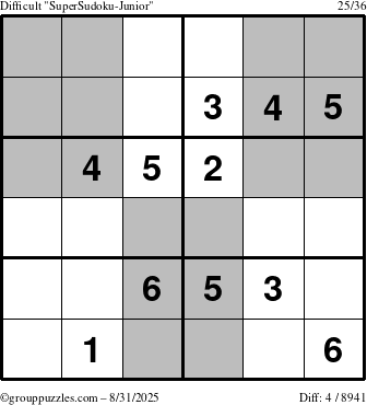 The grouppuzzles.com Difficult SuperSudoku-Junior puzzle for Sunday August 31, 2025