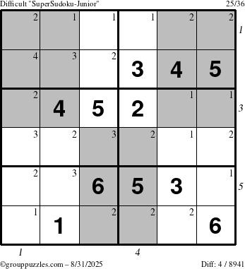 The grouppuzzles.com Difficult SuperSudoku-Junior puzzle for Sunday August 31, 2025 with all 4 steps marked