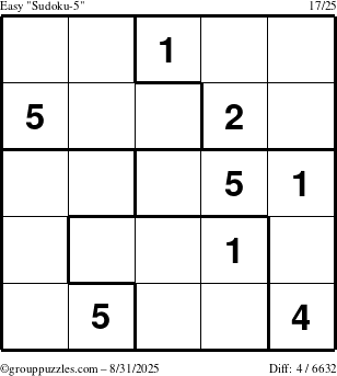 The grouppuzzles.com Easy Sudoku-5 puzzle for Sunday August 31, 2025