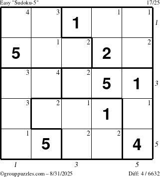 The grouppuzzles.com Easy Sudoku-5 puzzle for Sunday August 31, 2025 with all 4 steps marked