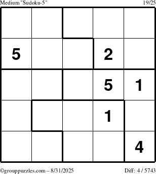 The grouppuzzles.com Medium Sudoku-5 puzzle for Sunday August 31, 2025