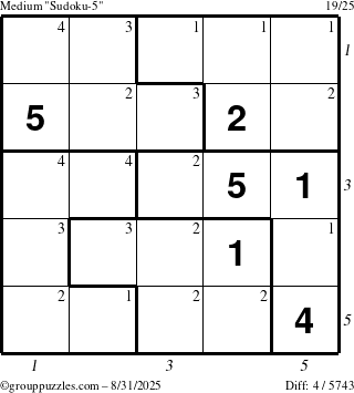 The grouppuzzles.com Medium Sudoku-5 puzzle for Sunday August 31, 2025 with all 4 steps marked
