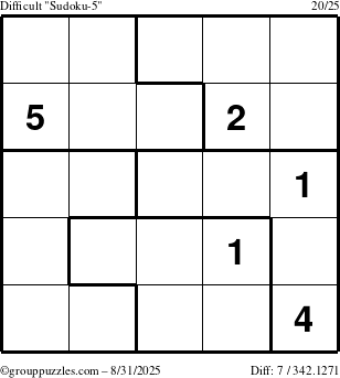 The grouppuzzles.com Difficult Sudoku-5 puzzle for Sunday August 31, 2025