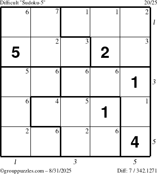The grouppuzzles.com Difficult Sudoku-5 puzzle for Sunday August 31, 2025 with all 7 steps marked