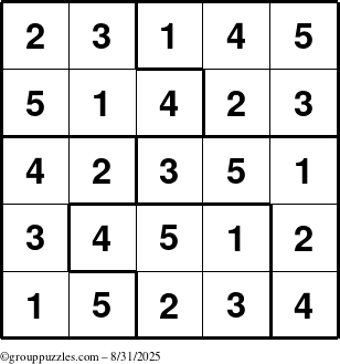 The grouppuzzles.com Answer grid for the Sudoku-5 puzzle for Sunday August 31, 2025