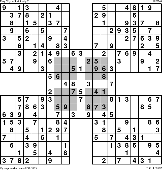 The grouppuzzles.com Easy HyperSudoku-by5 puzzle for Sunday August 31, 2025