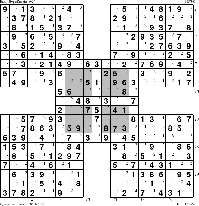 The grouppuzzles.com Easy HyperSudoku-by5 puzzle for Sunday August 31, 2025, suitable for printing, with all 4 steps marked