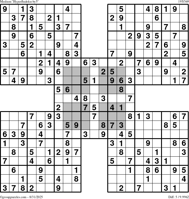 The grouppuzzles.com Medium HyperSudoku-by5 puzzle for Sunday August 31, 2025