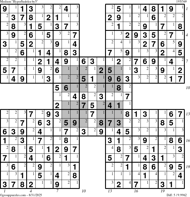 The grouppuzzles.com Medium HyperSudoku-by5 puzzle for Sunday August 31, 2025 with all 5 steps marked
