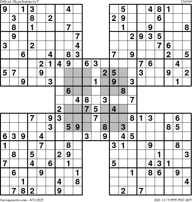 The grouppuzzles.com Difficult HyperSudoku-by5 puzzle for Sunday August 31, 2025