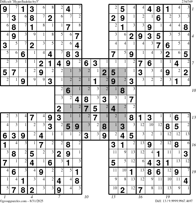 The grouppuzzles.com Difficult HyperSudoku-by5 puzzle for Sunday August 31, 2025 with all 13 steps marked