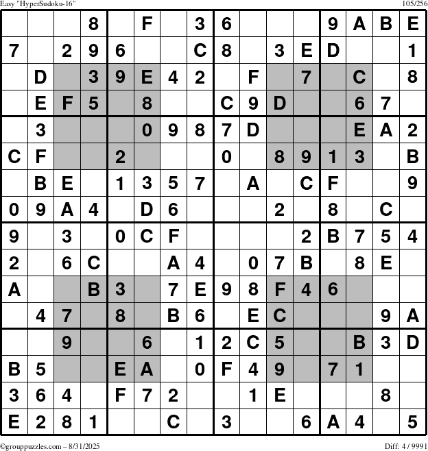 The grouppuzzles.com Easy HyperSudoku-16 puzzle for Sunday August 31, 2025