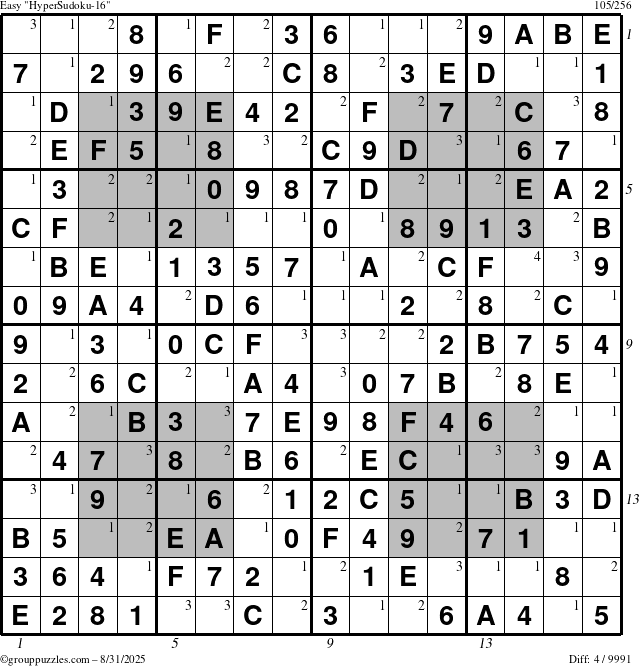 The grouppuzzles.com Easy HyperSudoku-16 puzzle for Sunday August 31, 2025 with all 4 steps marked