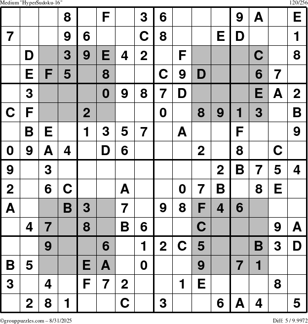 The grouppuzzles.com Medium HyperSudoku-16 puzzle for Sunday August 31, 2025
