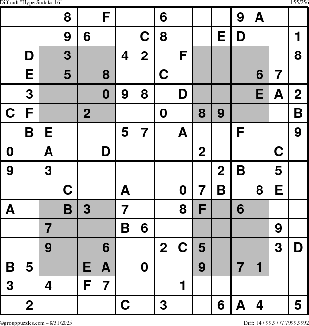 The grouppuzzles.com Difficult HyperSudoku-16 puzzle for Sunday August 31, 2025