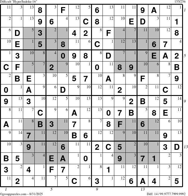 The grouppuzzles.com Difficult HyperSudoku-16 puzzle for Sunday August 31, 2025 with all 14 steps marked
